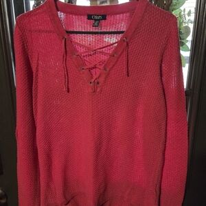 Chaps Vibrant Red Lace-Up Knit Top